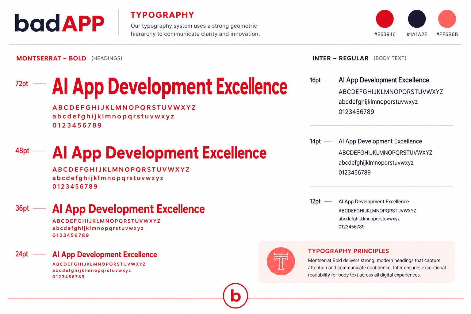 badAPP typography specimen showing Montserrat and Inter typeface hierarchy