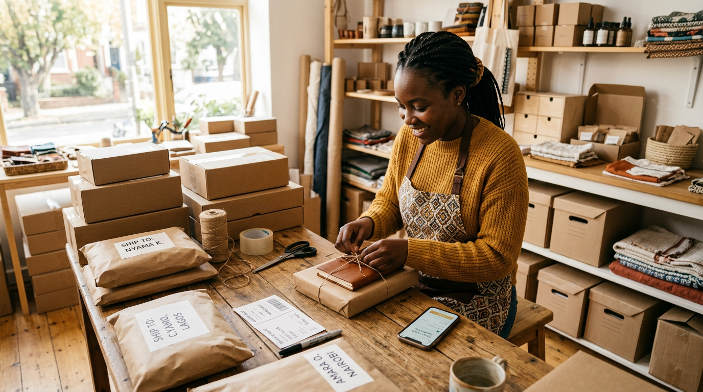Business owner packing customer orders for delivery