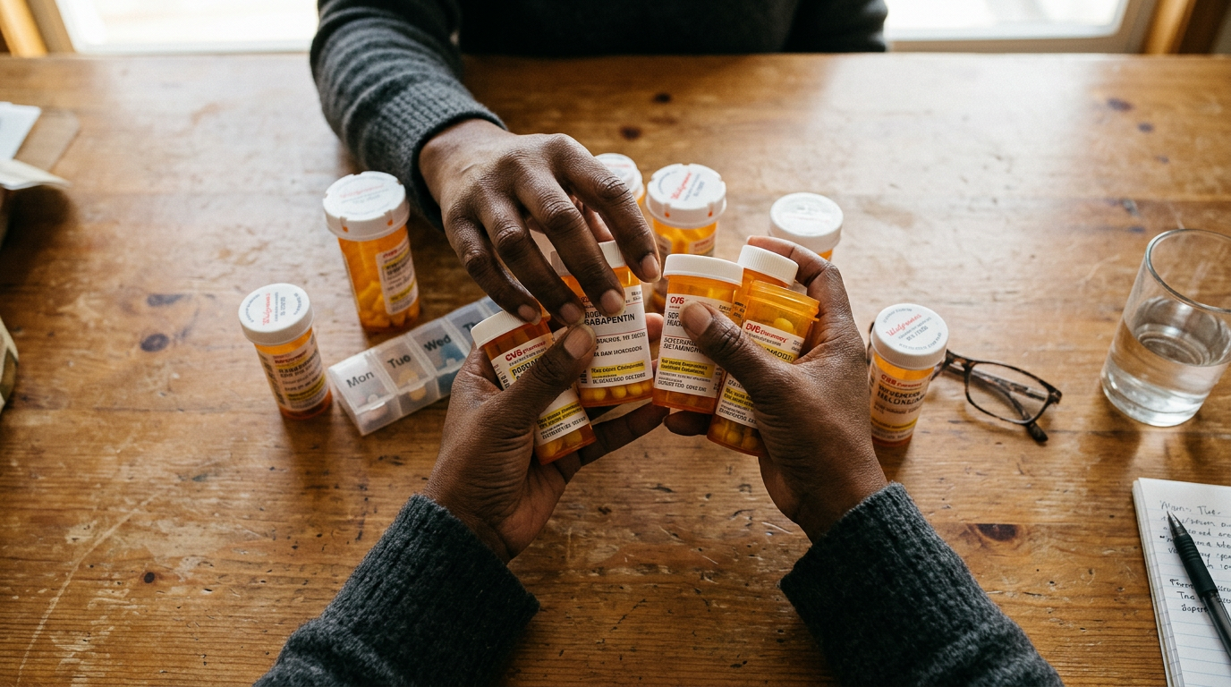 Photograph of hands holding several prescription medication bottles over a table