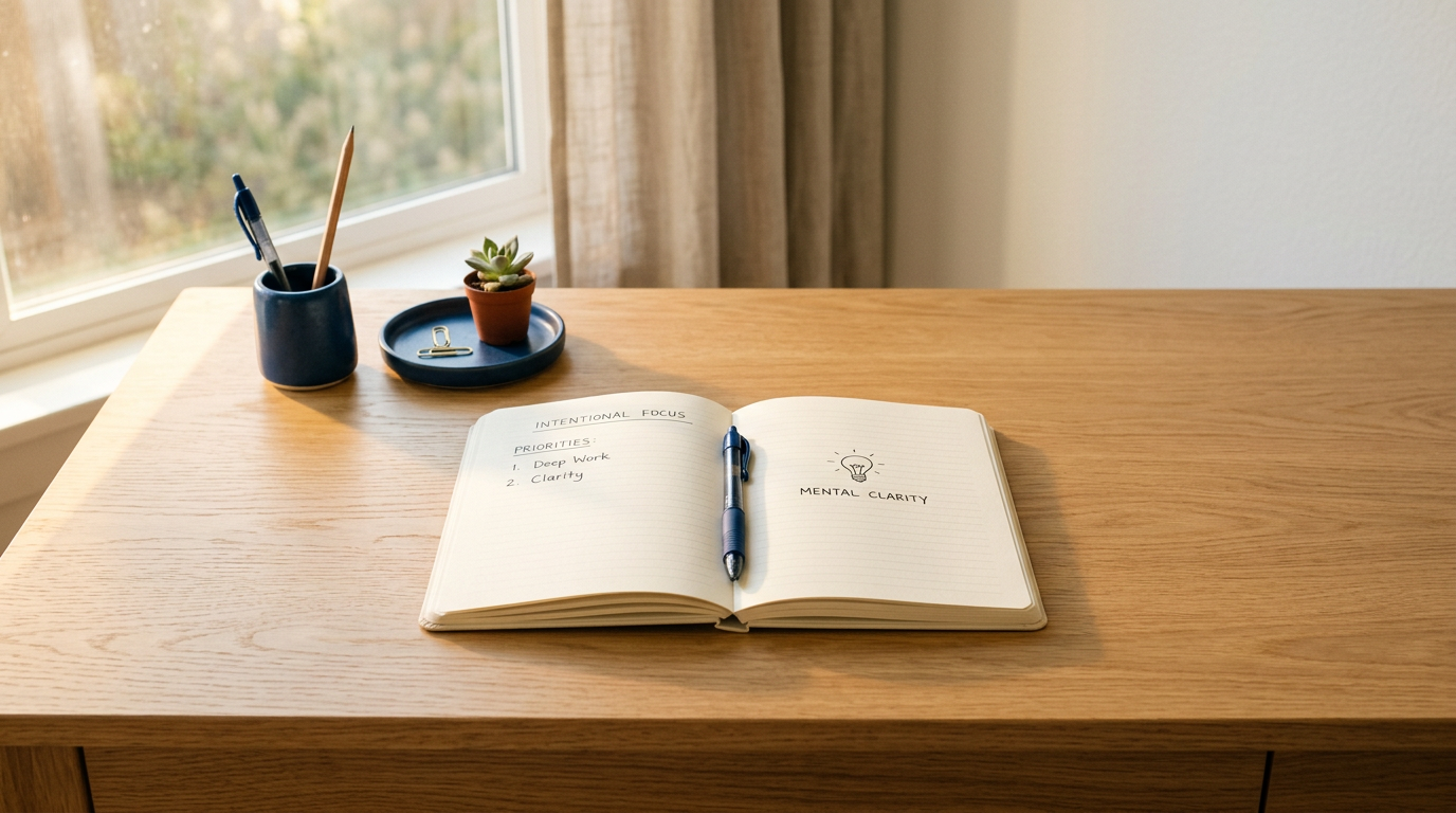 Mesa minimalista com apenas um caderno e caneta representando clareza mental