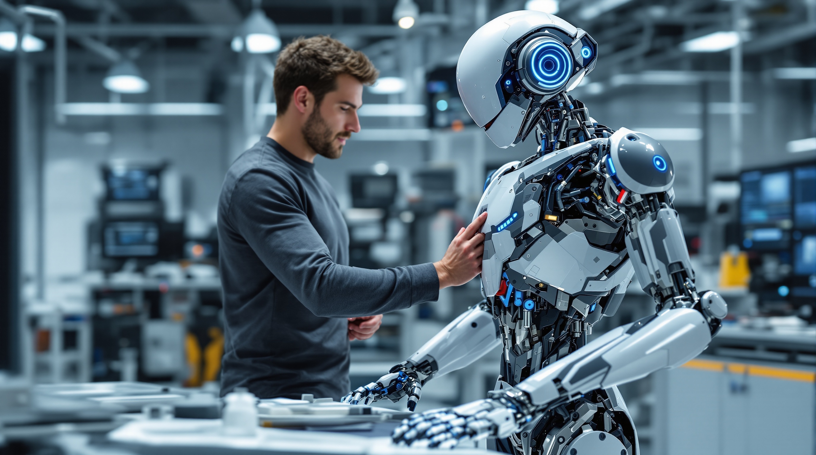 inženjer i humanoidni robot razvoj robotike laboratorija veštačka inteligencija testiranje AI tehnologije