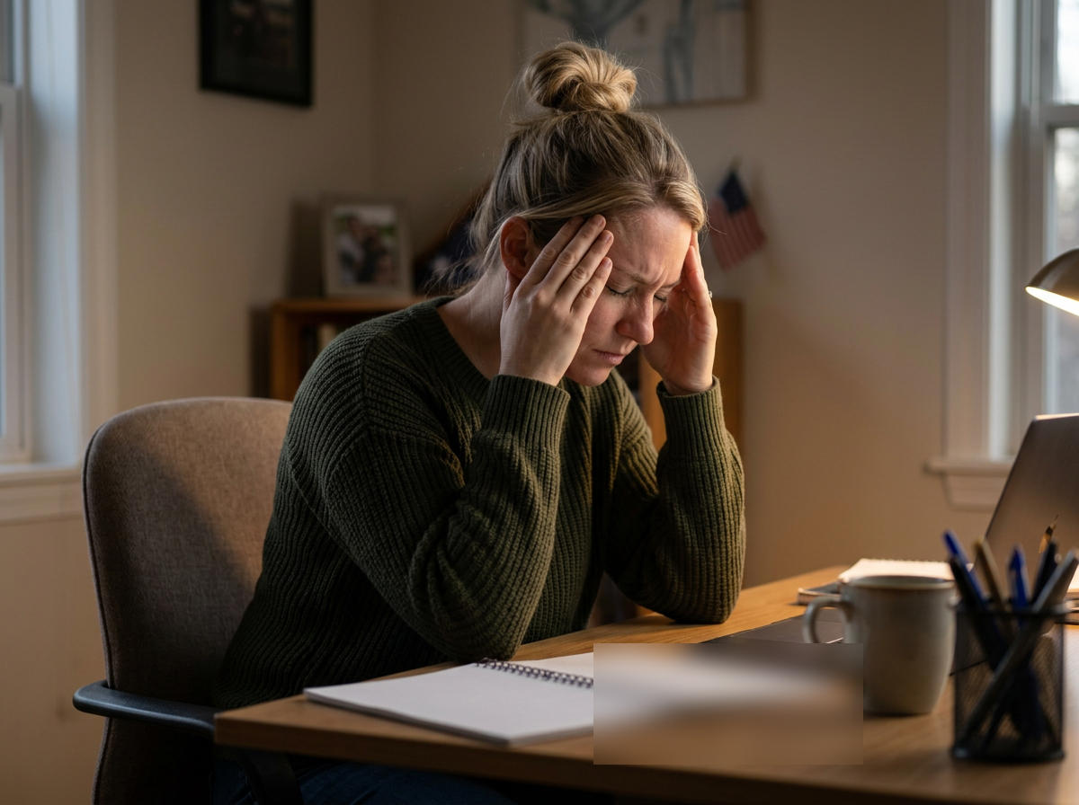 White female veteran in her 30s at a desk pressing both hands to her forehead with a sinus pressure headache