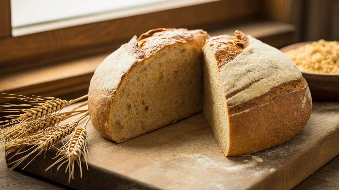 Round einkorn sourdough loaf cut open showing denser yellow crumb on a rustic wooden board