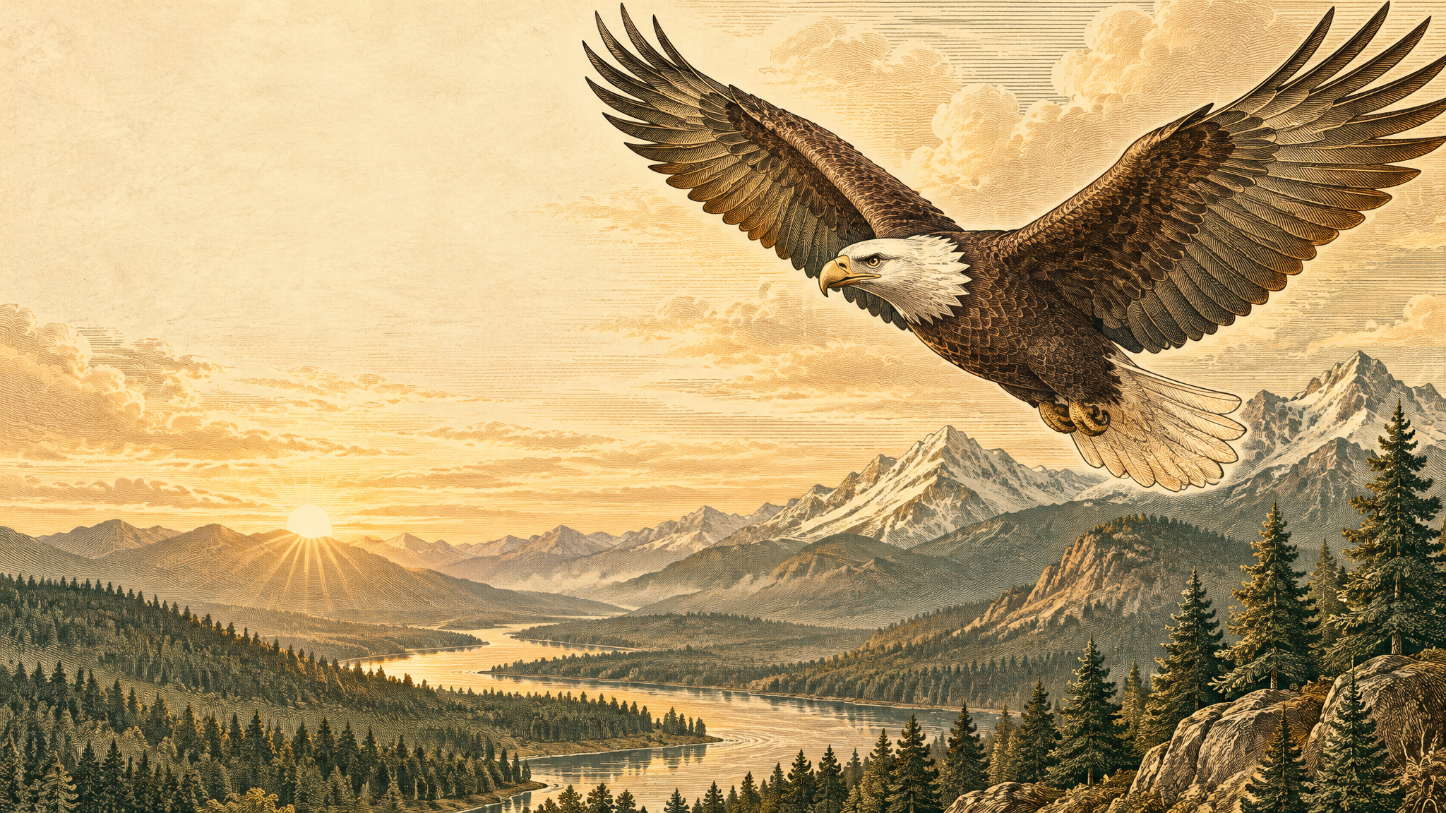 Eagle soaring over mountain landscape at sunrise