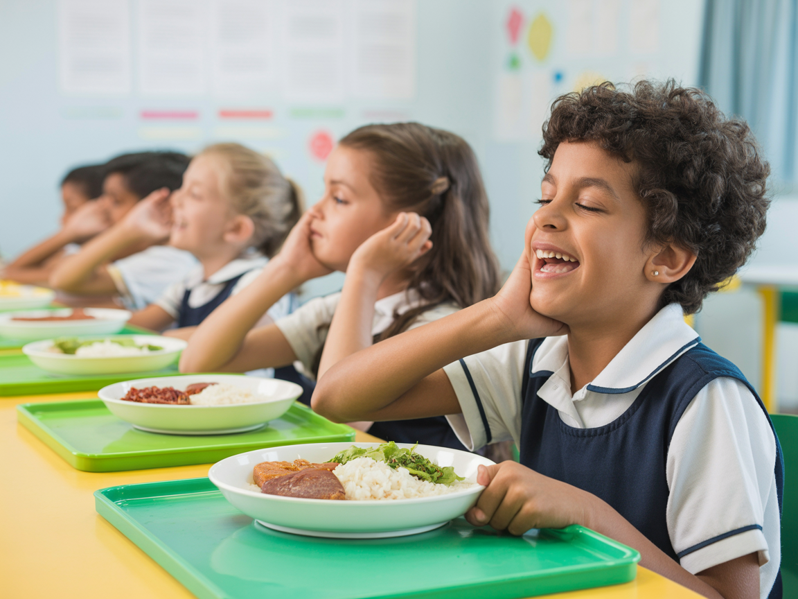 Crianças almoçando no refeitório escolar