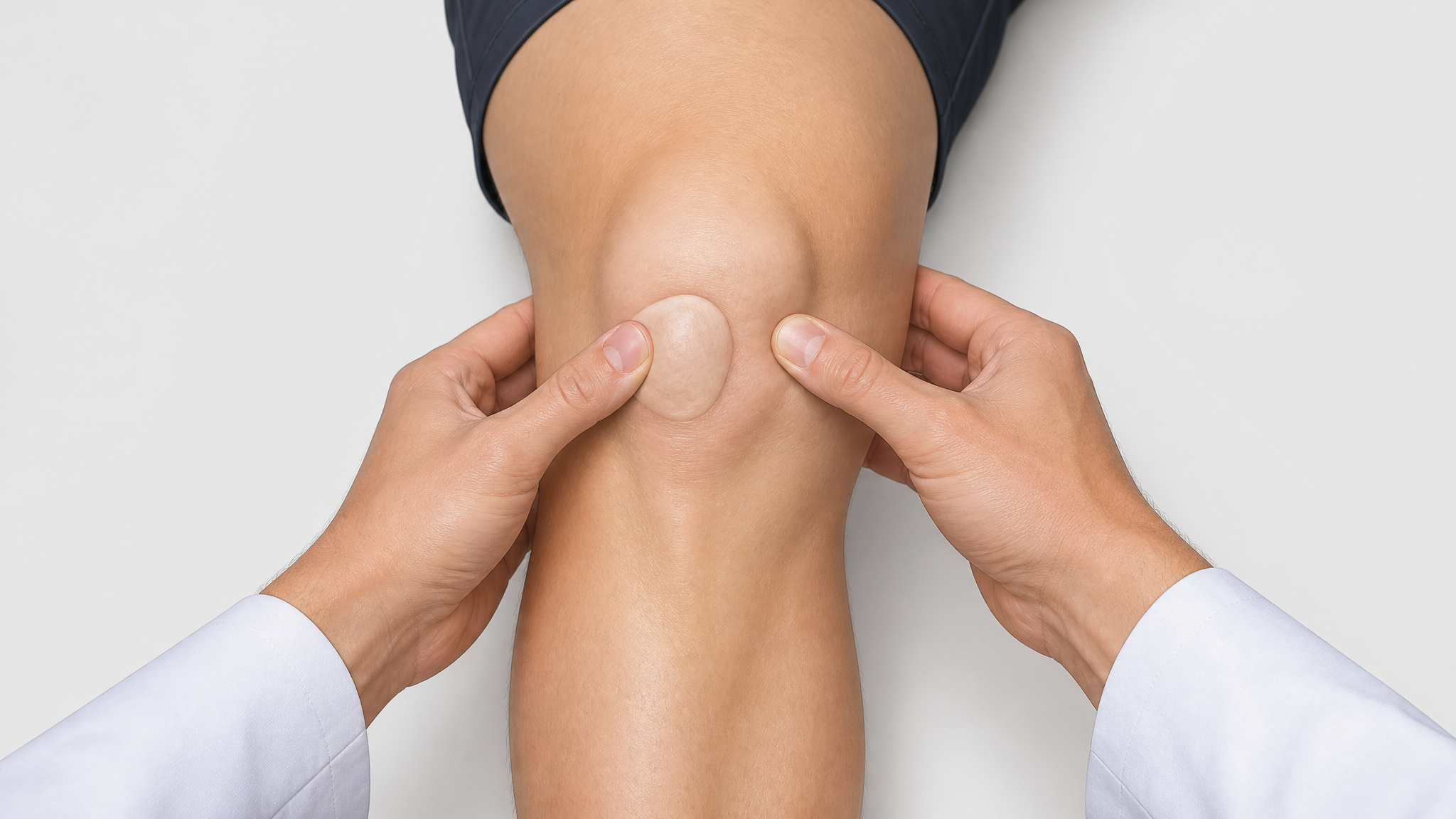 Clinical illustration of the patellar apprehension test with the examiner pushing the kneecap sideways to assess tracking