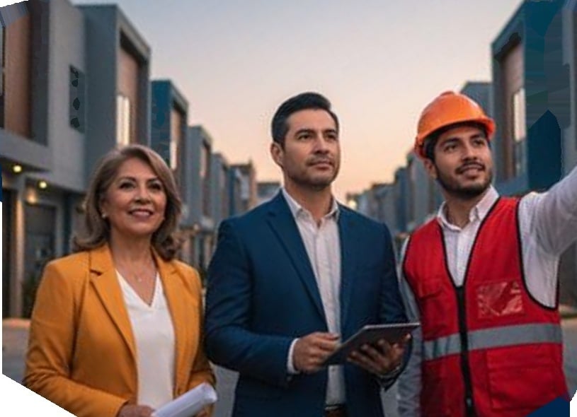 Tres profesionales de construcción: arquitecta, director y ingeniero en sitio de obra