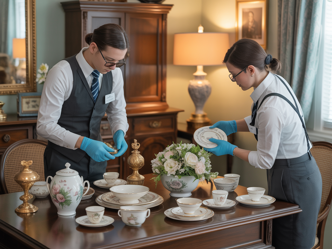 Professional estate services team carefully handling delicate family heirlooms