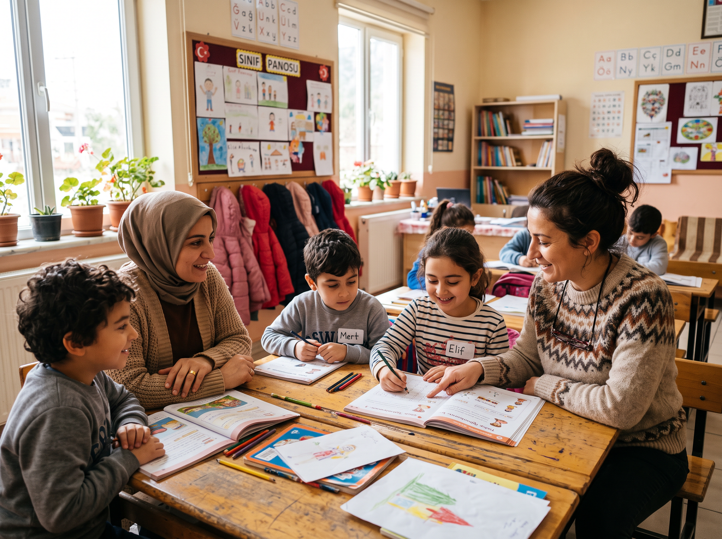 Öğretmen küçük bir öğrenci grubuna rehberlik ediyor