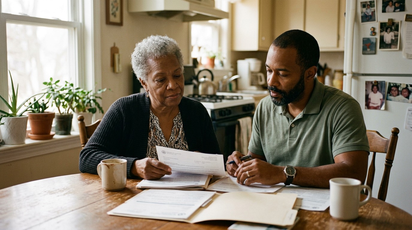 A silver-haired woman veteran at her kitchen table with her adult son and his medical paperwork
