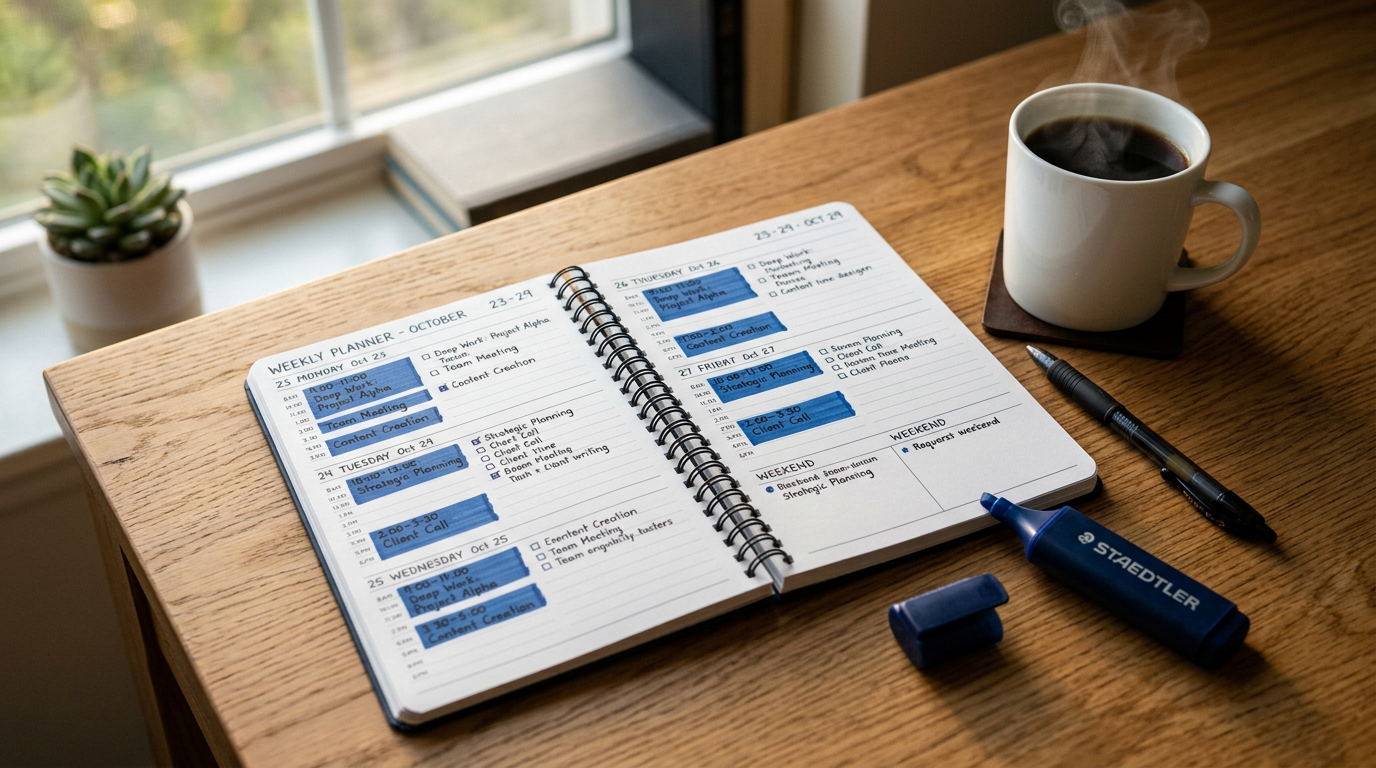 Agenda com blocos de tempo destacados em azul e café — estratégia de time-blocking para produtividade