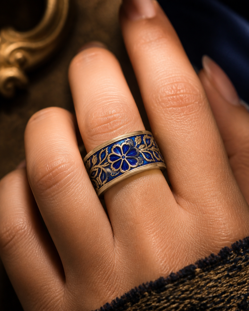 Close-up of the Jaipur Ring on a model's hand