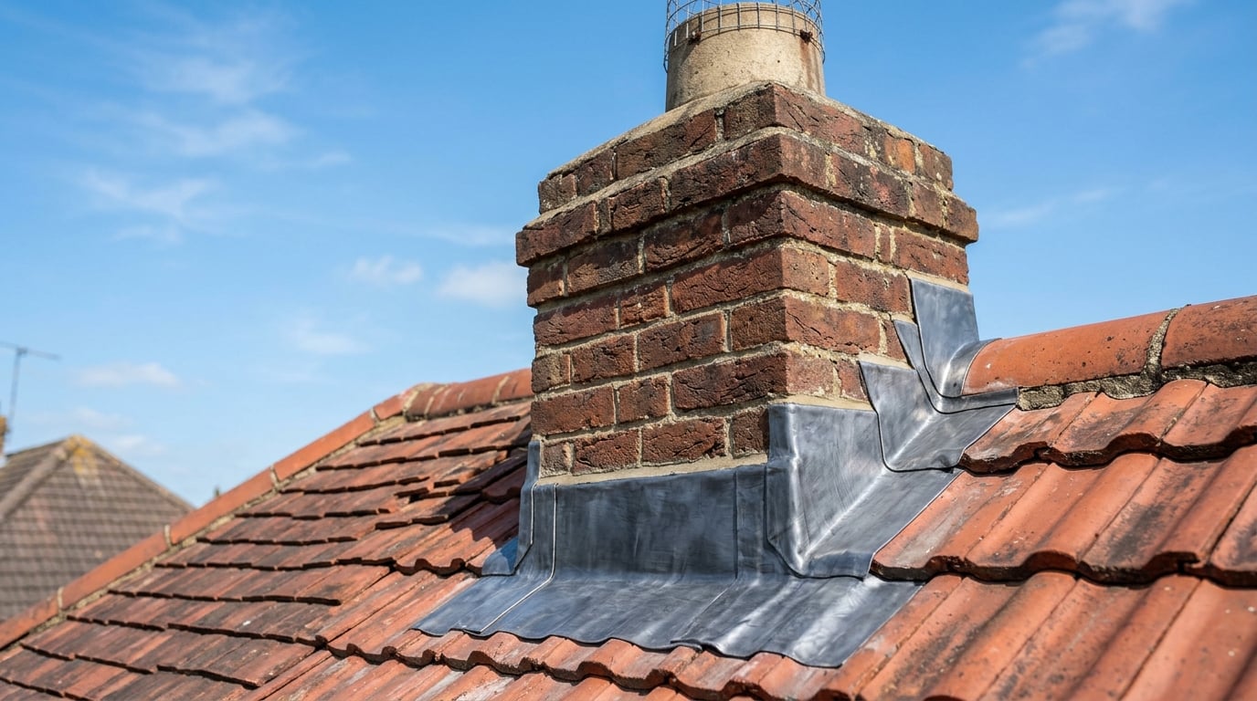 Chimney stack with new lead flashing on a UK roof
