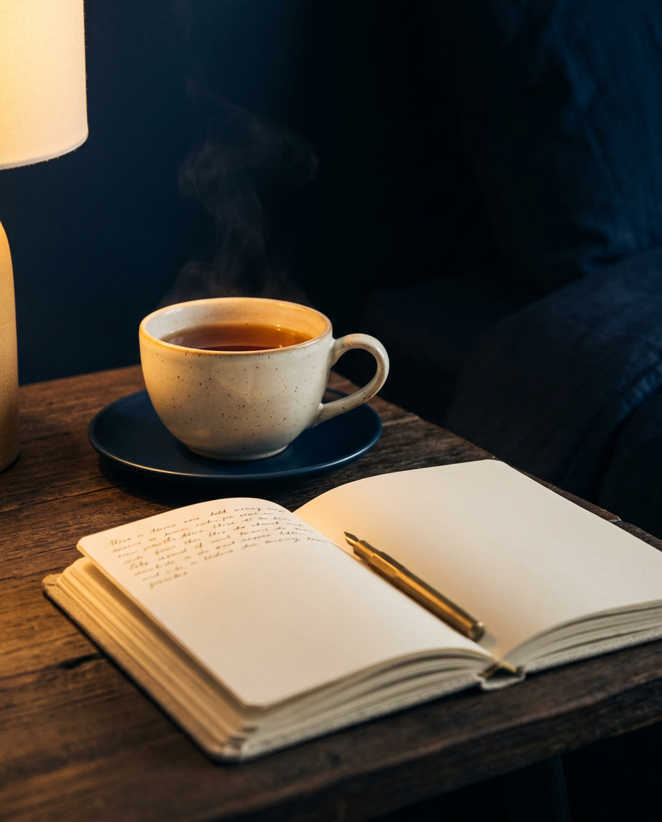 A calm cup of tea beside an open notebook in warm golden light