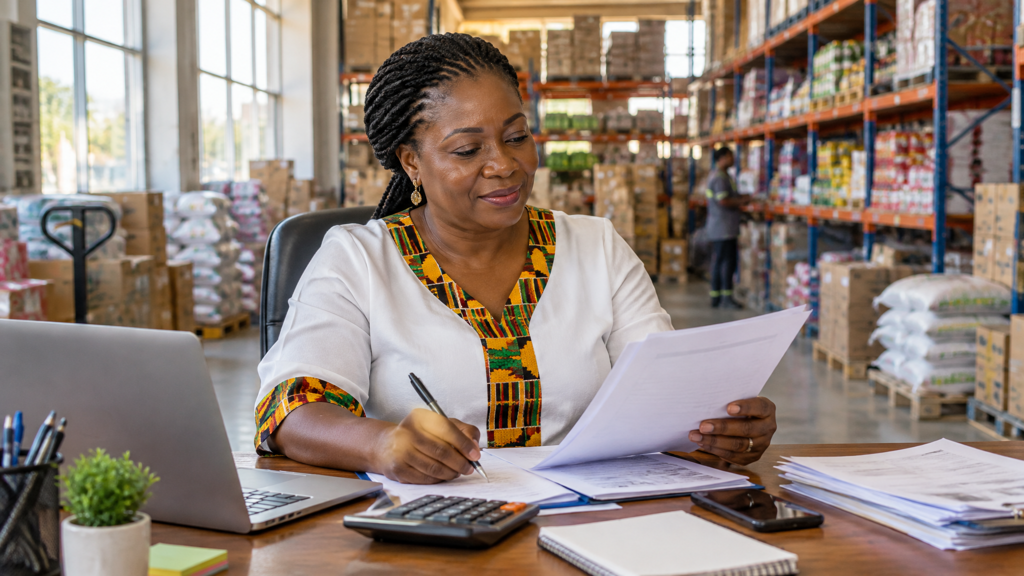 A confident Ghanaian woman SME owner reviewing invoices and documents at a desk in a modern warehouse office with shelves of goods in the background