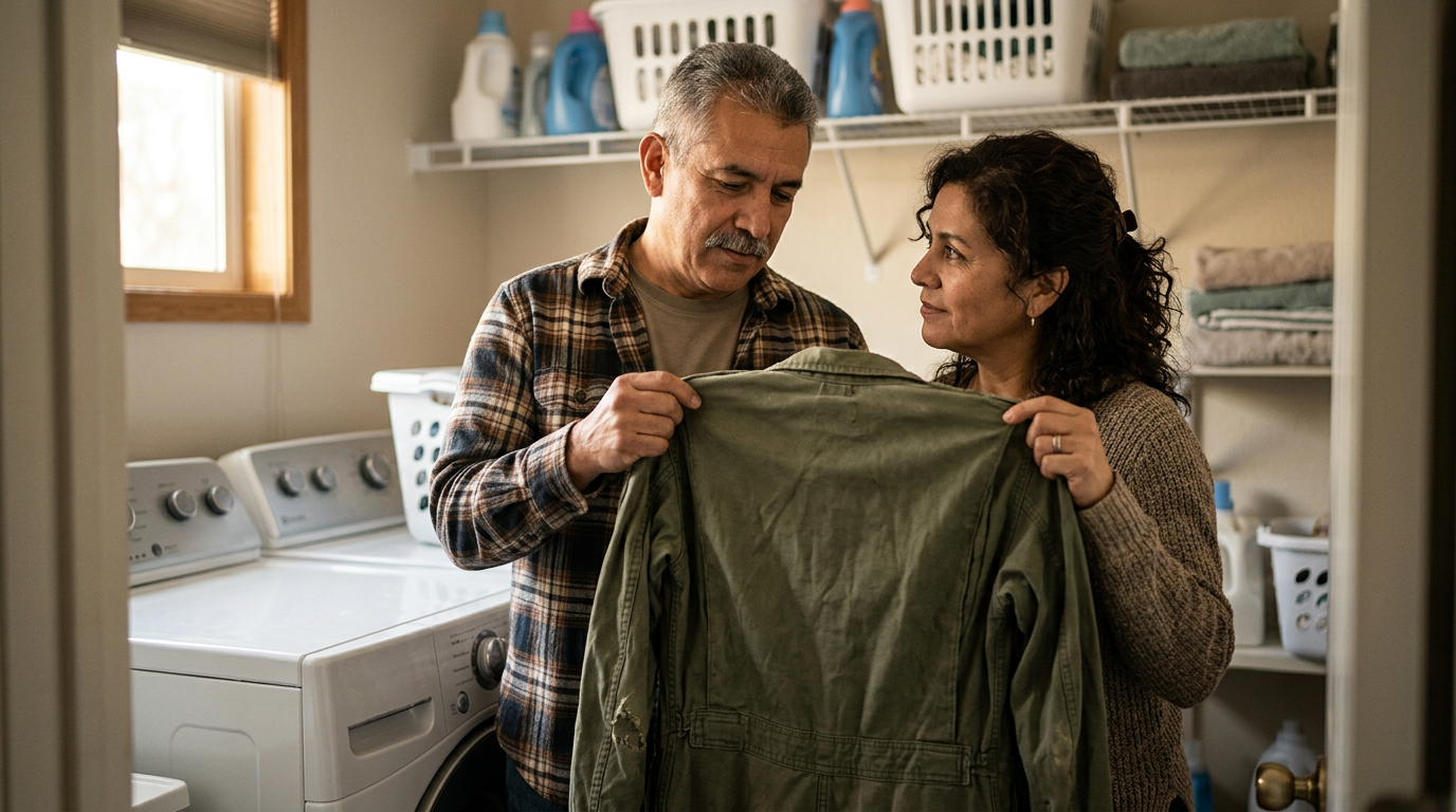 Veteran and his wife in their laundry room holding his old military coveralls