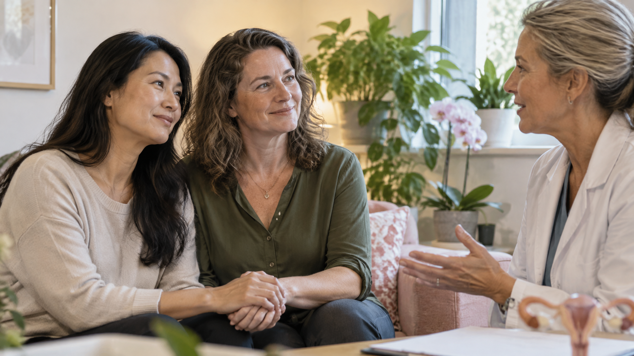 Two women holding hands while a female fertility specialist explains IVF options
