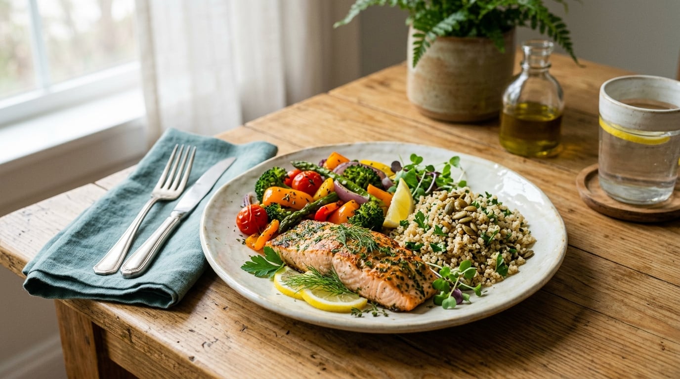 A bright, nourishing meal and calm setting representing a plan for restored mood and vitality