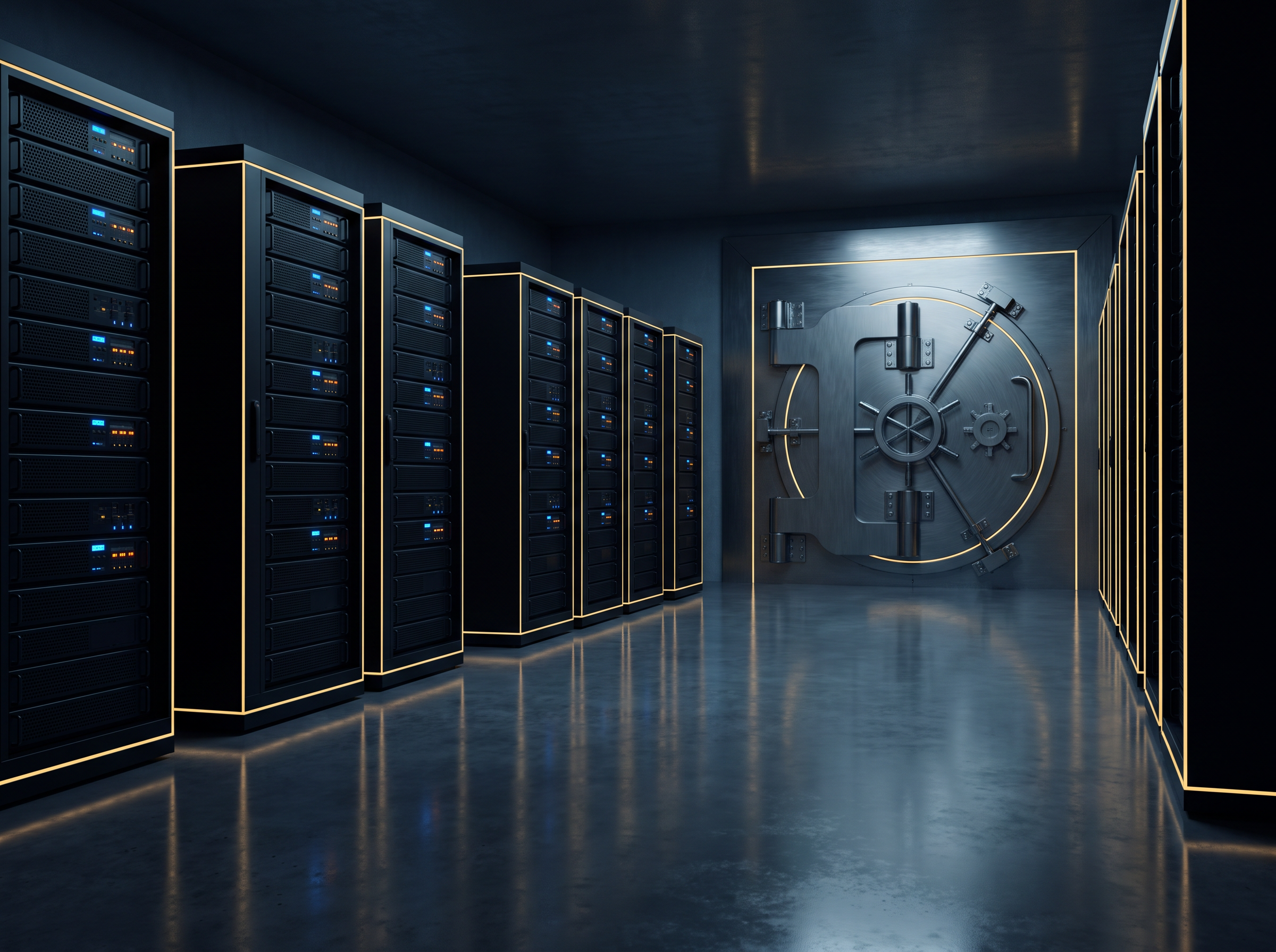 Cold-storage vault with hardware security modules and gold accent lighting