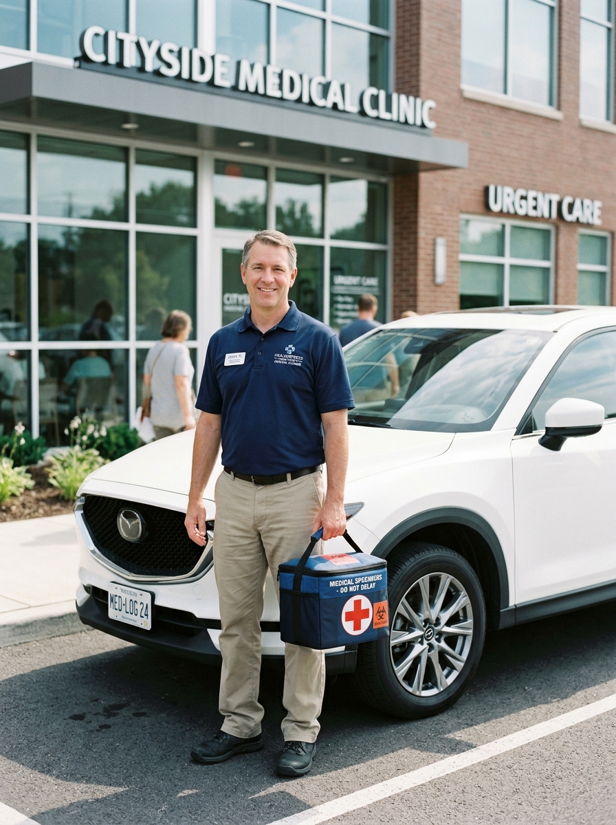 Jim Mason, owner-operator of JimmyTransports, standing beside his white Mazda CX-5