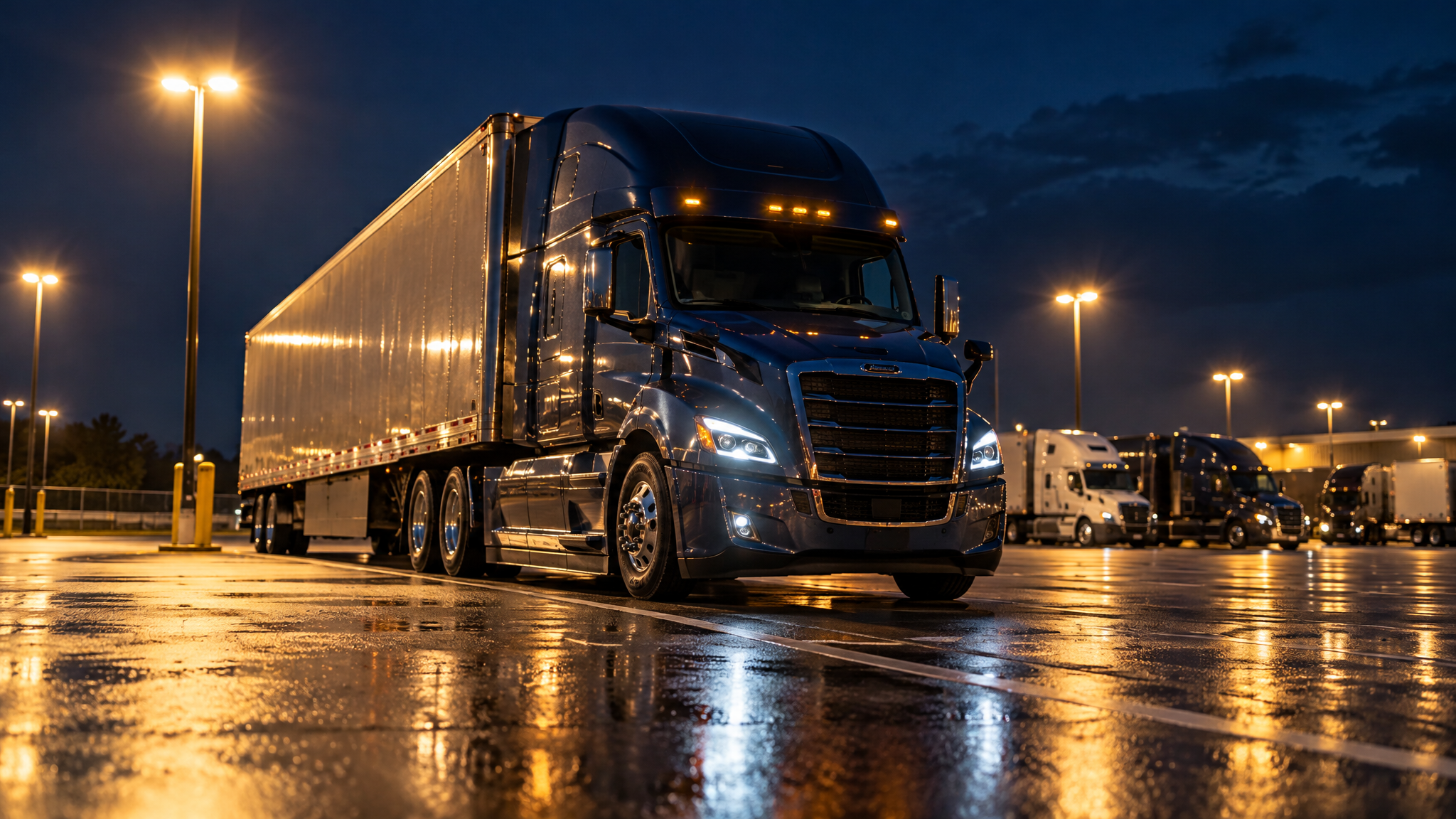 Premium truck parking facility at night with warm amber lighting