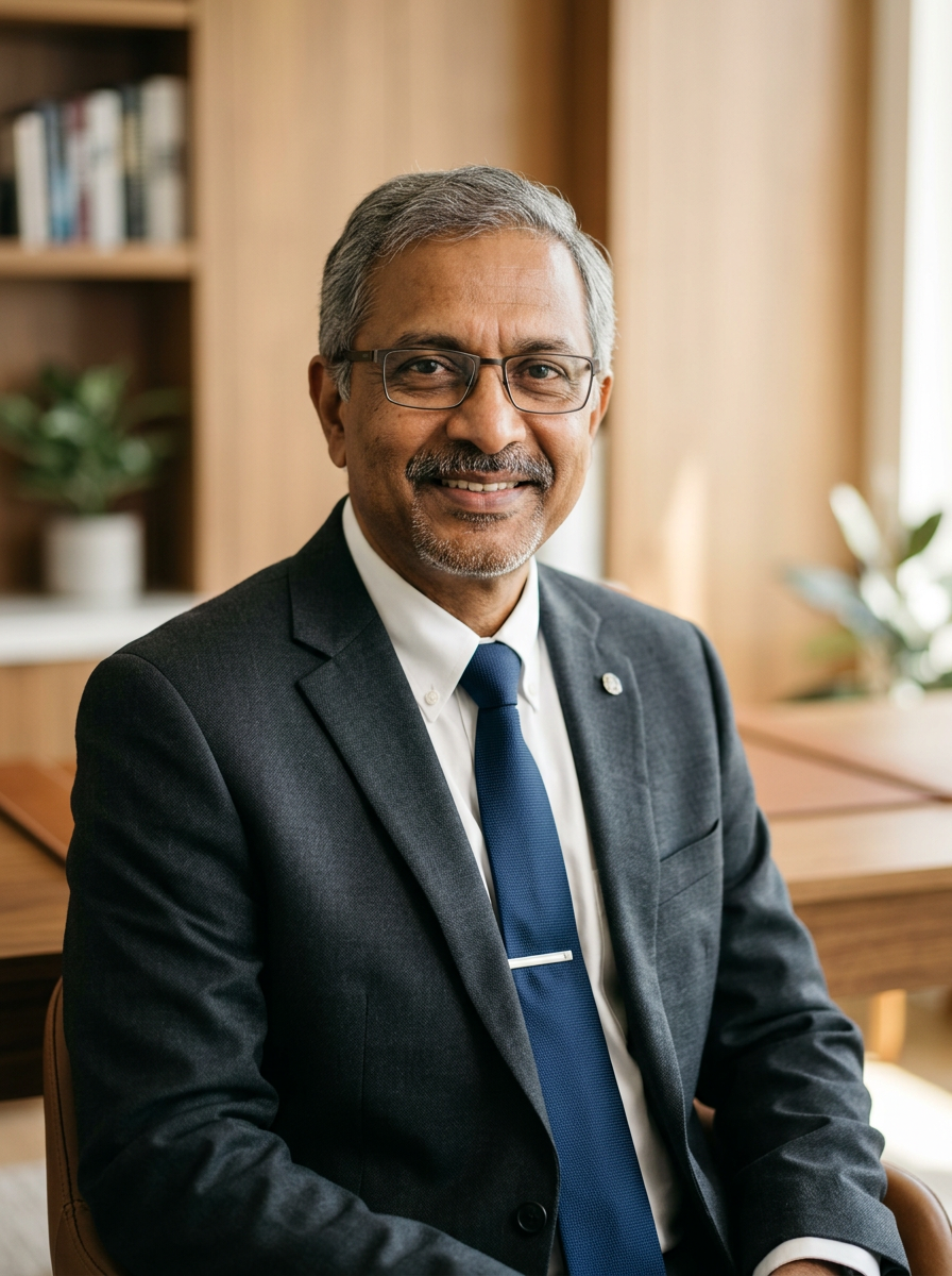 Distinguished South Asian male VA-accredited disability advocate in his late fifties with gray hair and glasses wearing a charcoal suit in a warm professional office portrait