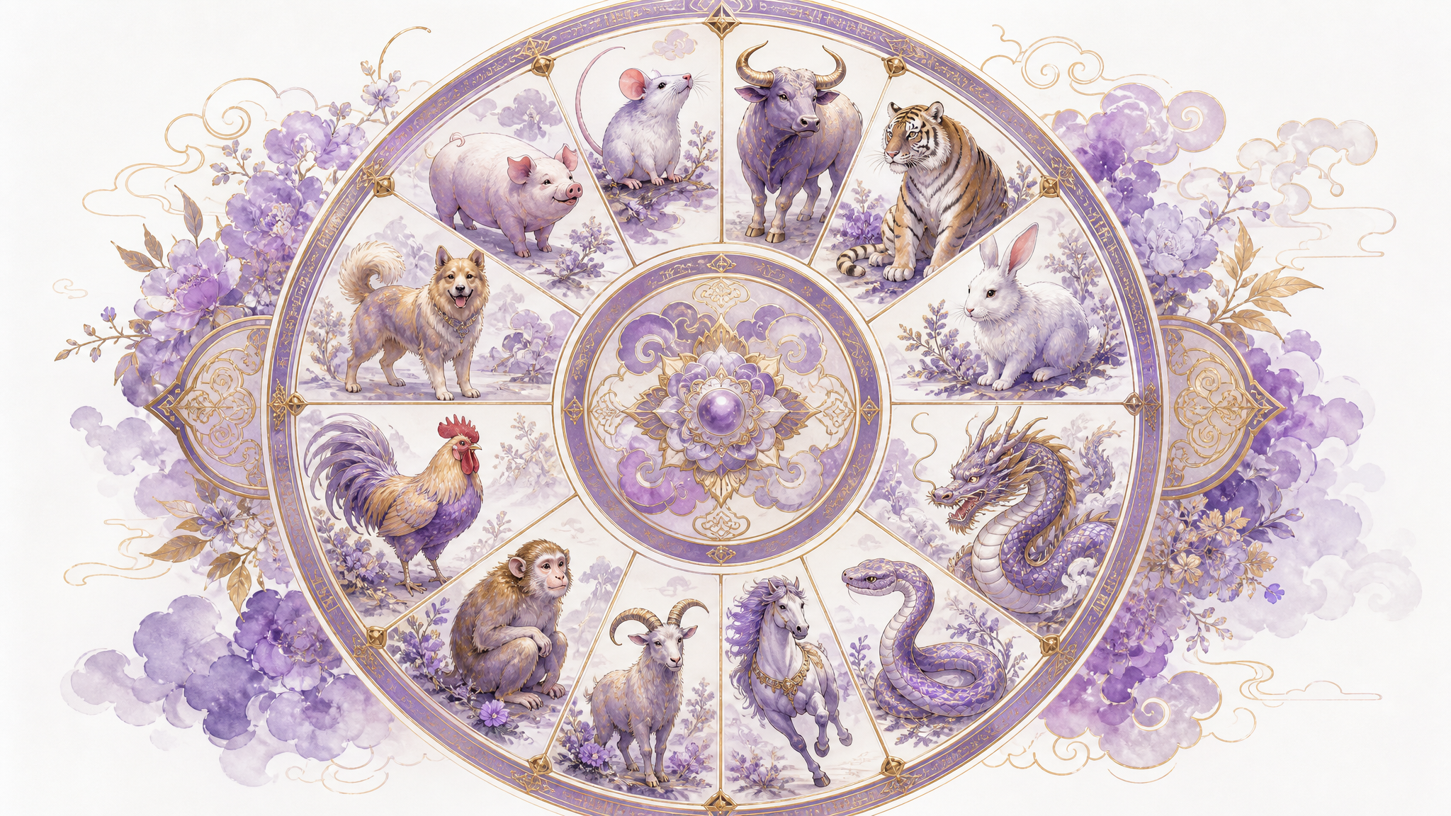 Chinese Zodiac wheel showing the twelve zodiac animals for the 2026 forecast