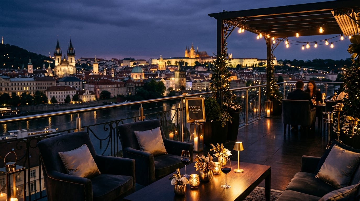 Velvet Skies rooftop terrace with Prague panorama