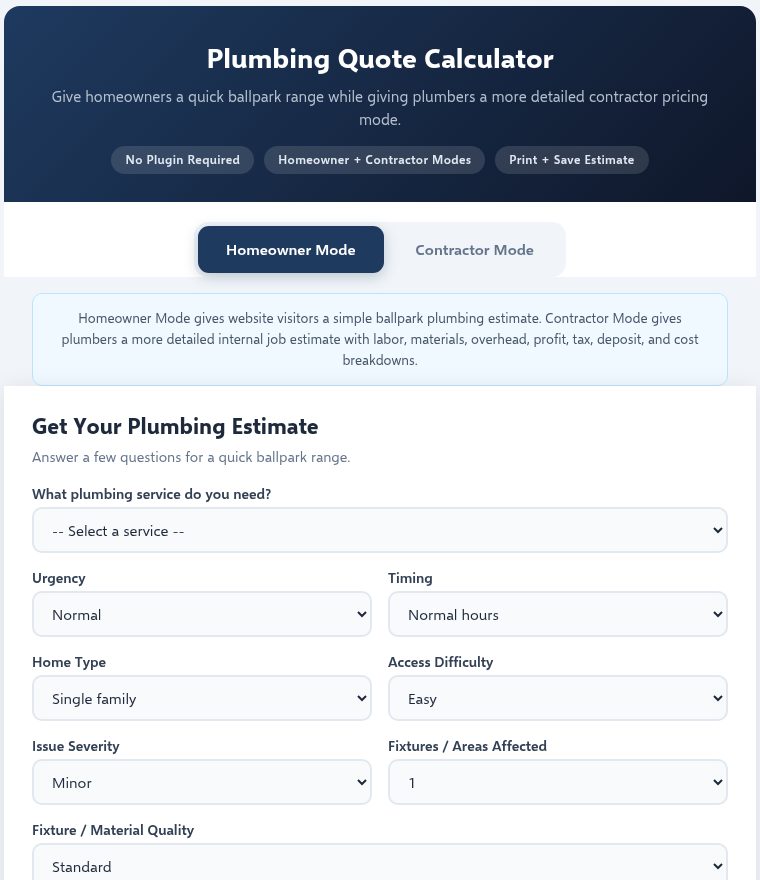 Screenshot of the plumber demo quote calculator showing service, urgency, timing, home type, and fixture fields