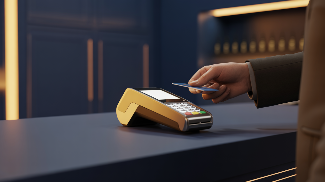 Modern POS terminal with contactless card payment in premium setting