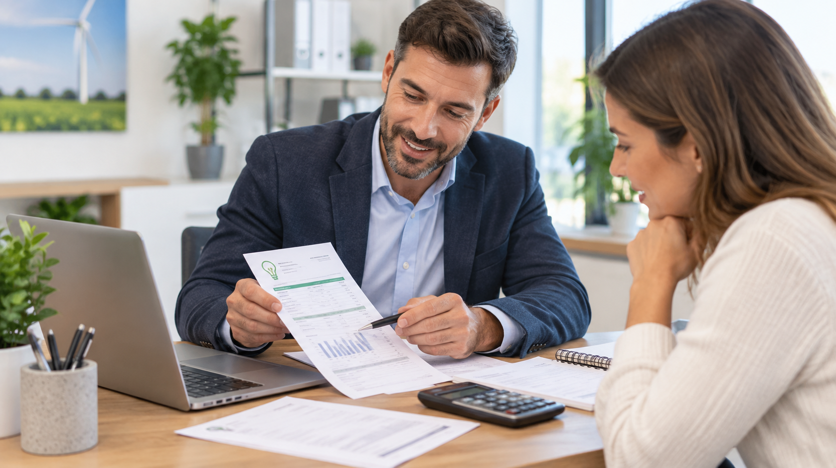 Asesor energético revisando y optimizando la factura de la luz de un cliente