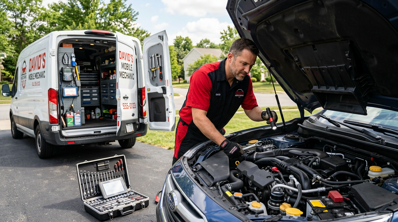 Professional mobile mechanic working on a vehicle