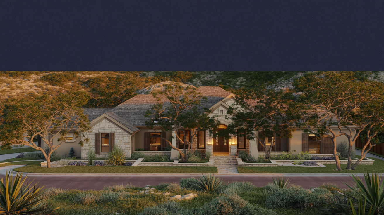 Sunset over Texas Hill Country luxury homes with manicured landscaping