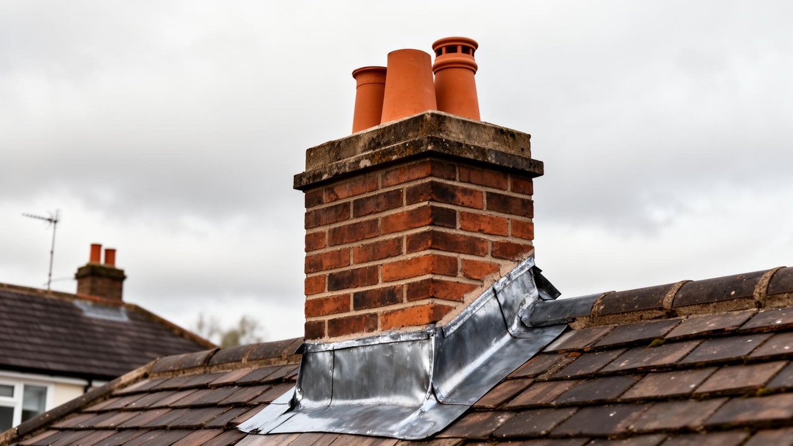 Chimney repair with lead flashing on tiled roof