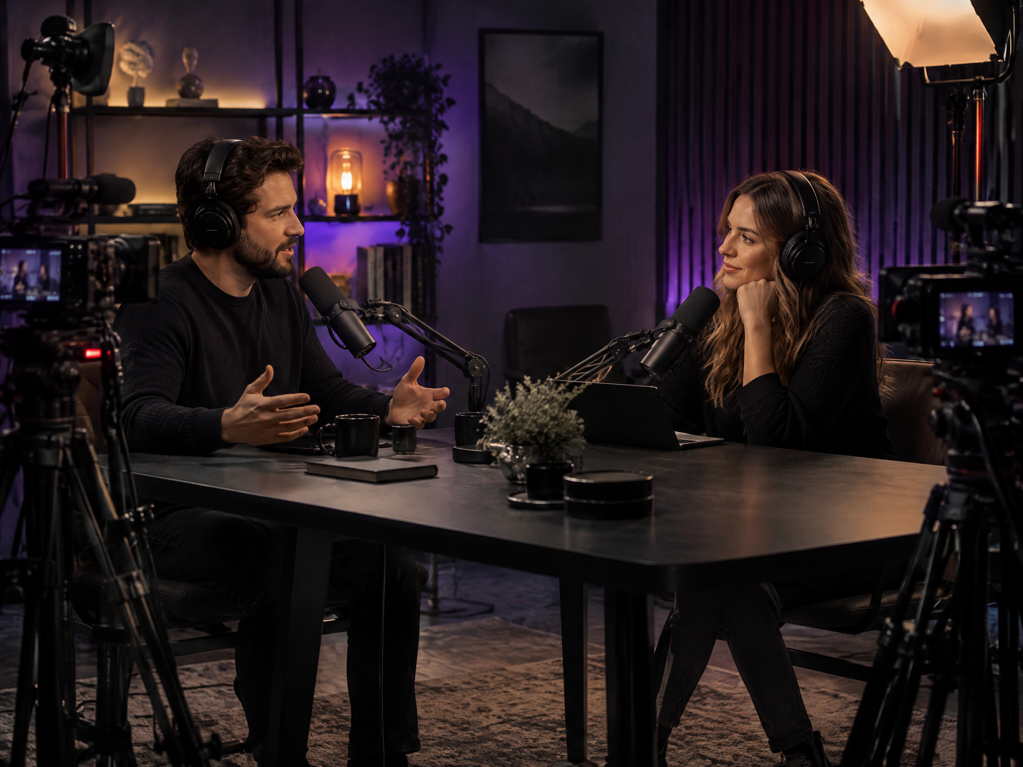 Two hosts recording a video podcast with boom-arm microphones