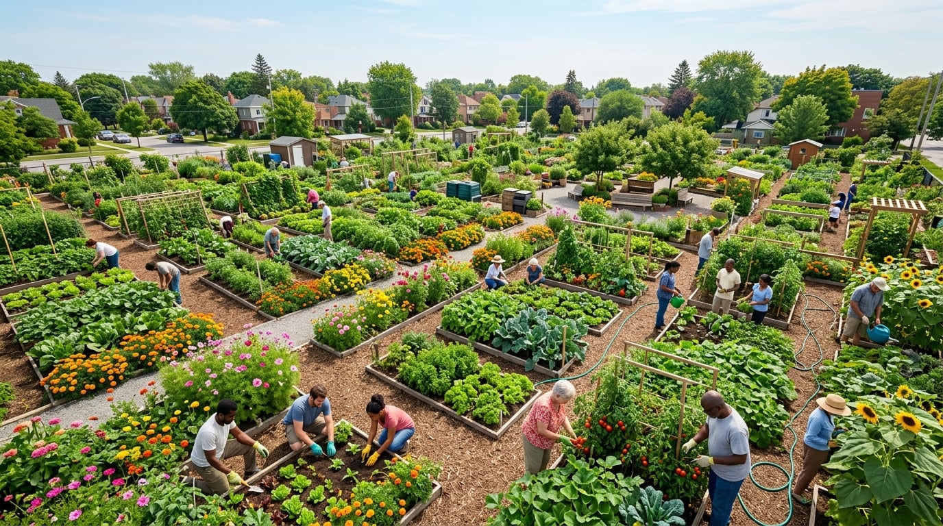 Thriving community garden with lush green plants and blooming flowers in sunlight