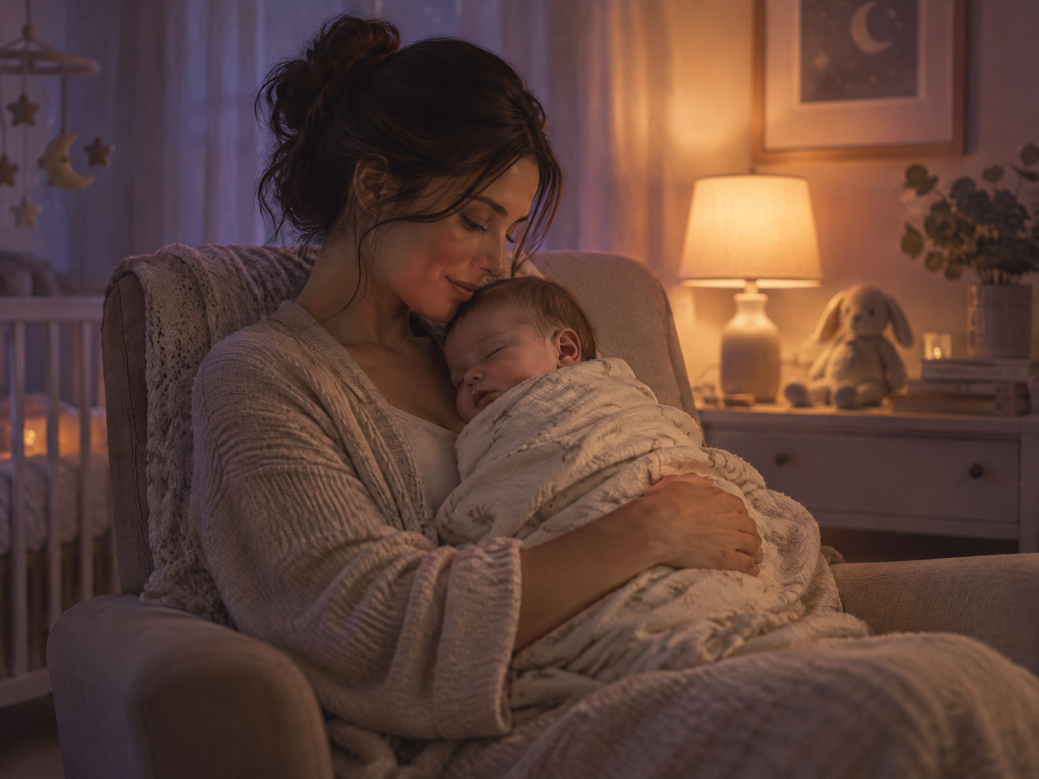 Parent rocking a swaddled baby in a dimly lit nursery at night