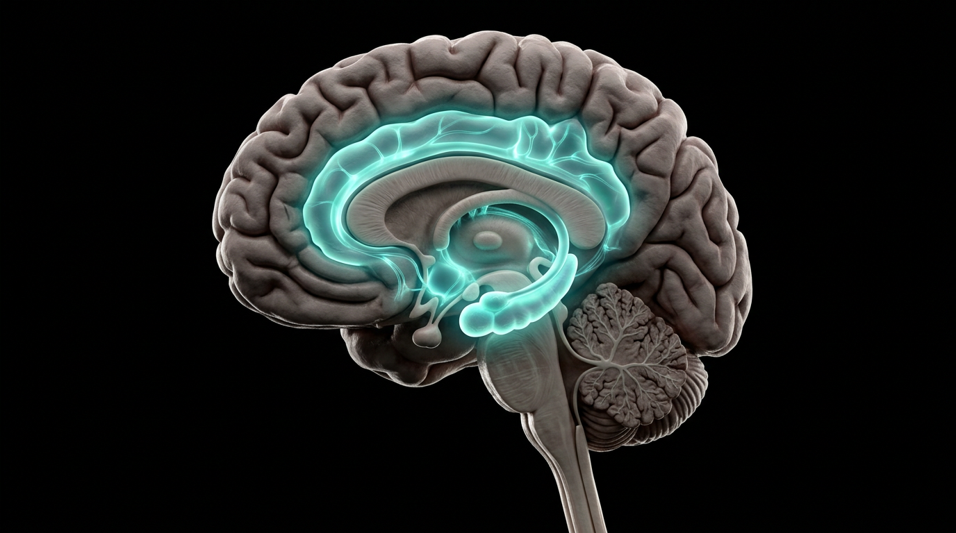 A 3D anatomical render of the human brain with limbic stress-response regions glowing in teal-cyan on a black background