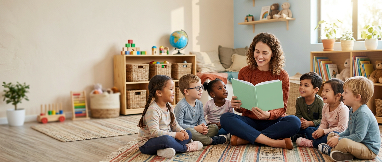 Teacher reading a picture book to a diverse group of young children in a classroom