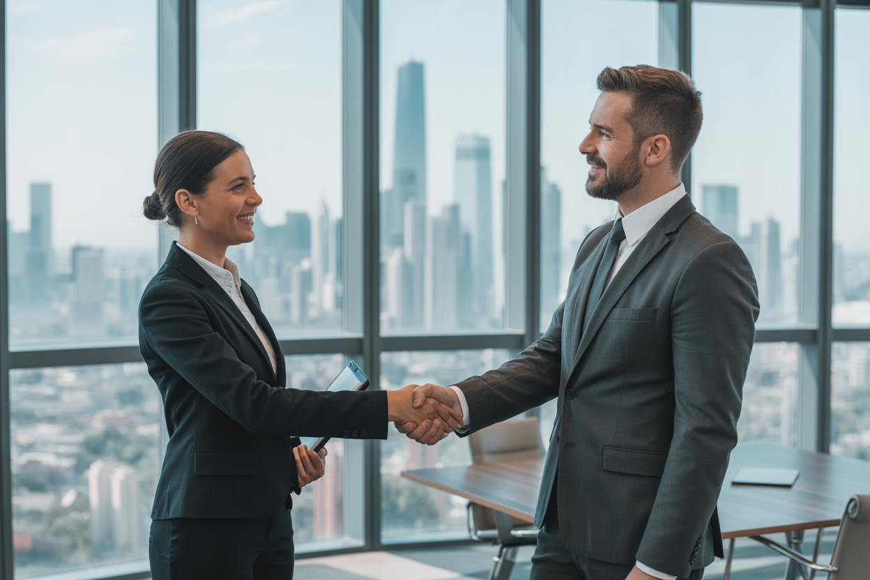 Two professionals shaking hands in a modern corporate office