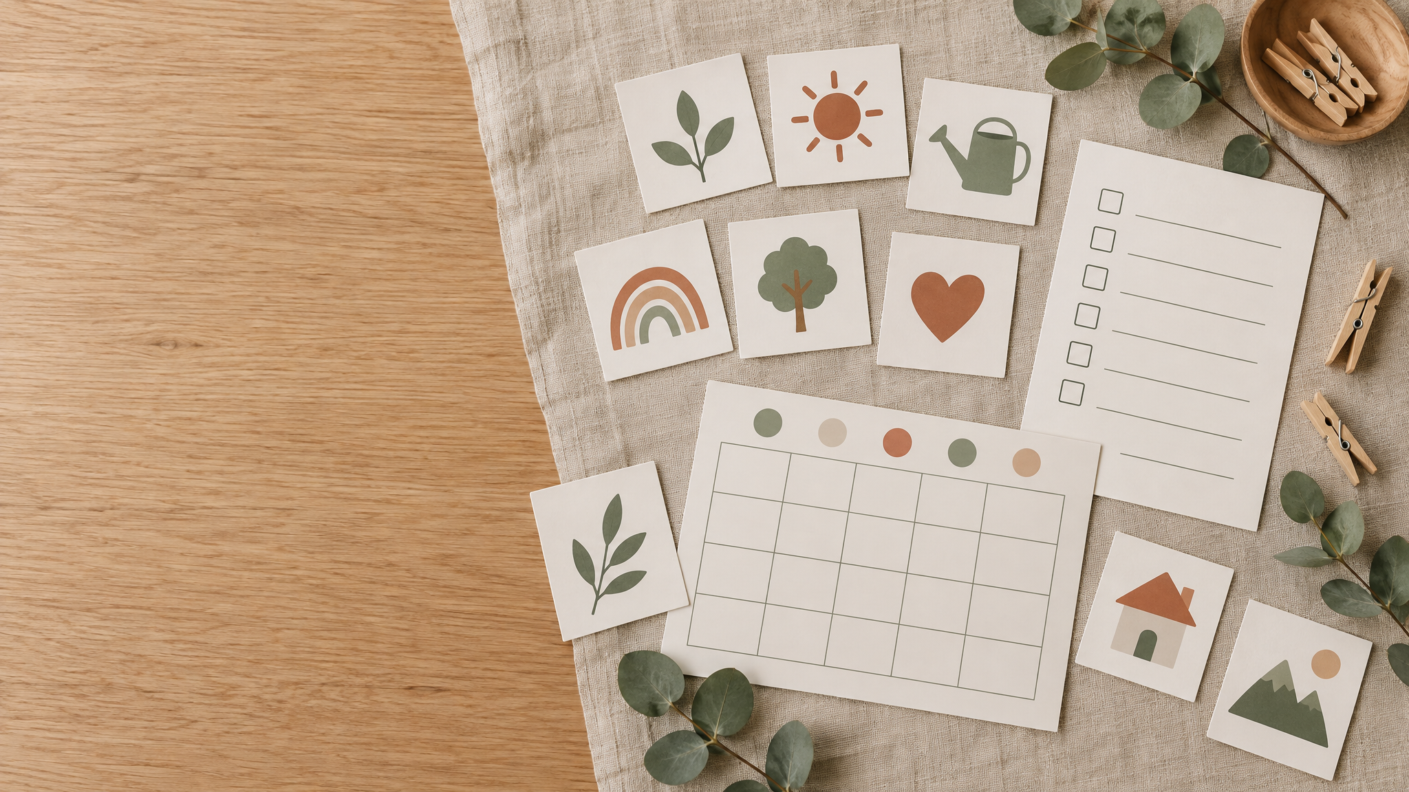 Montessori-inspired printable picture cards, checklist and calendar on a light oak table