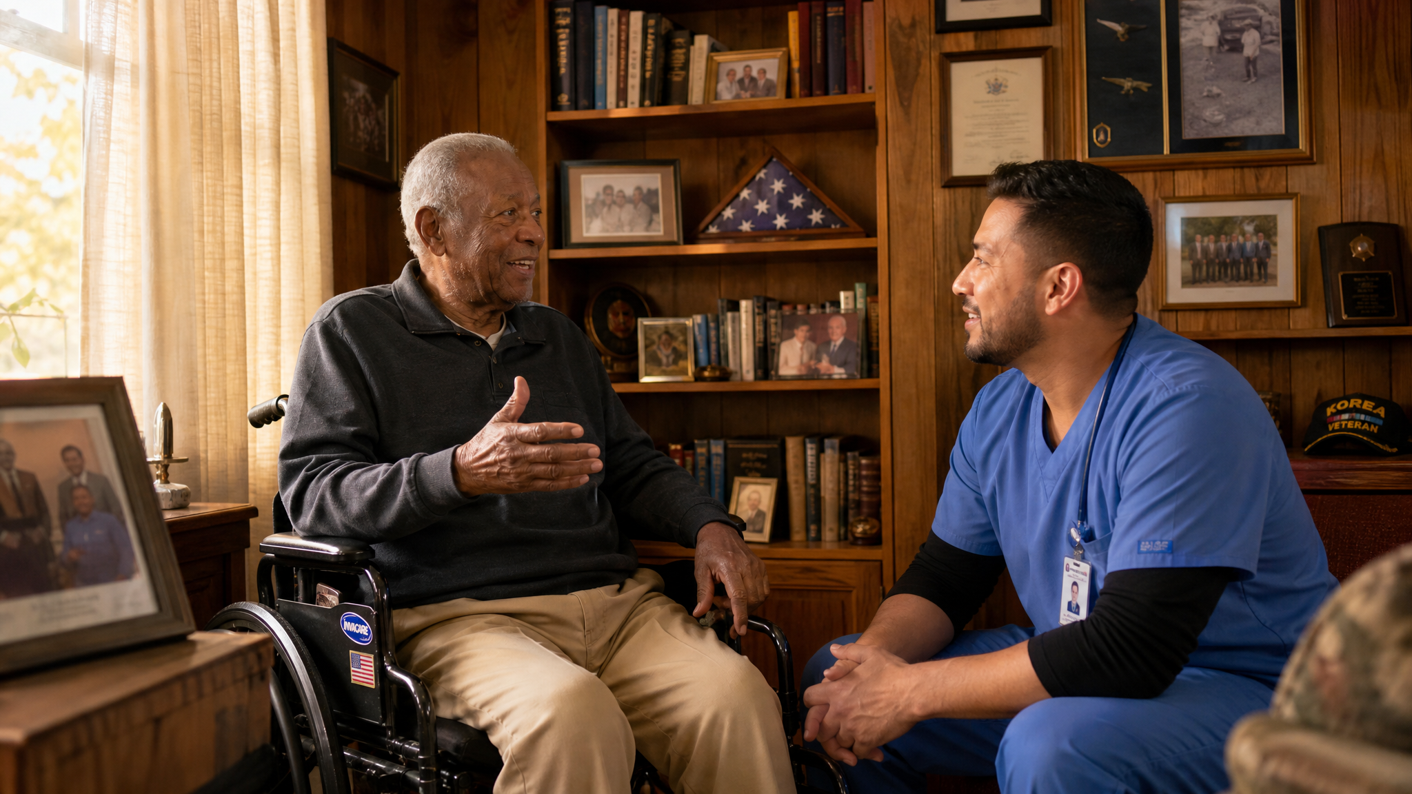 A senior Black veteran at home directing his own care, working with a home-care aide he chose to hire