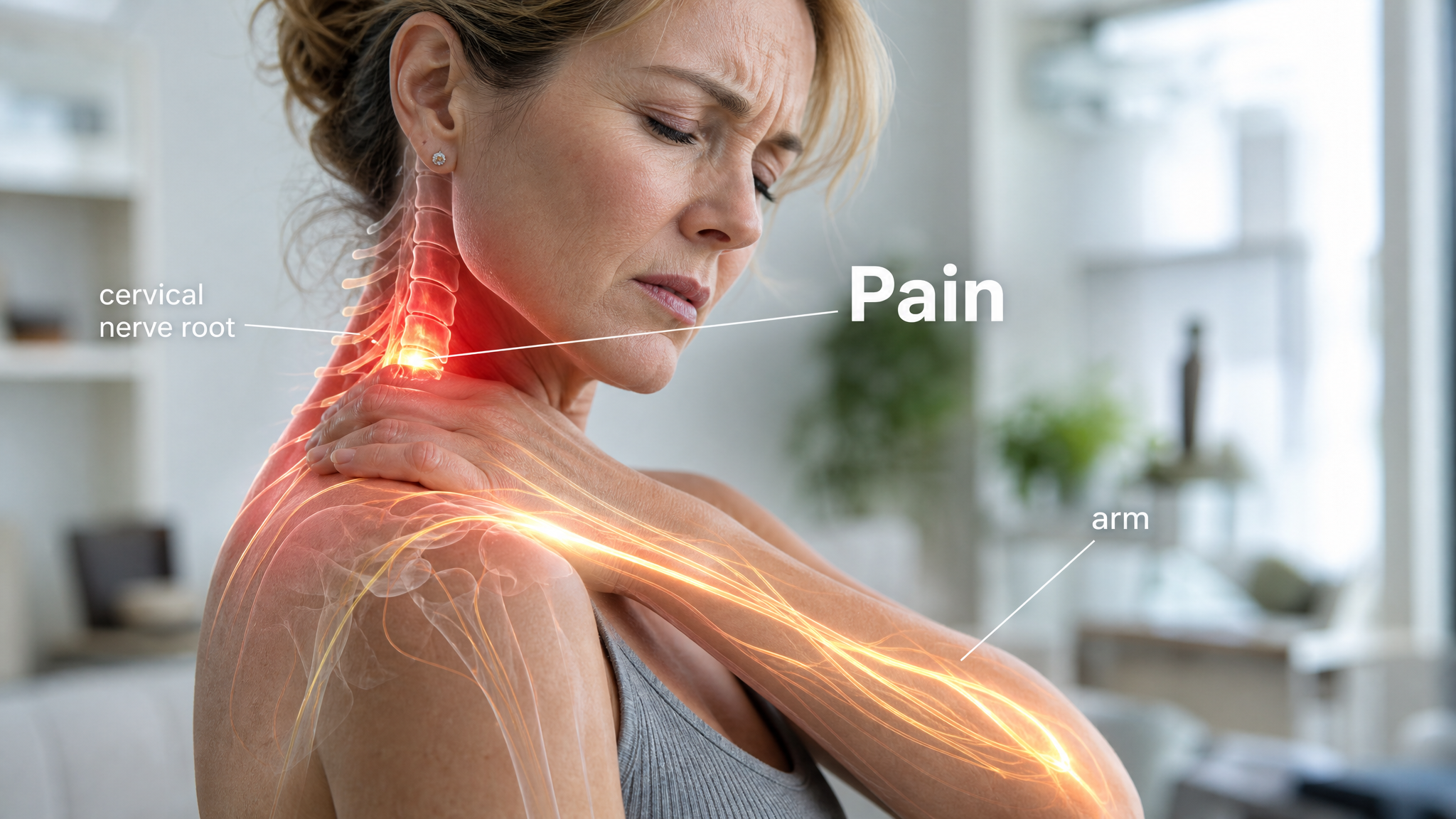 A mature woman in a bright room holding her neck and shoulder, a glowing amber-red nerve radiating down the arm
