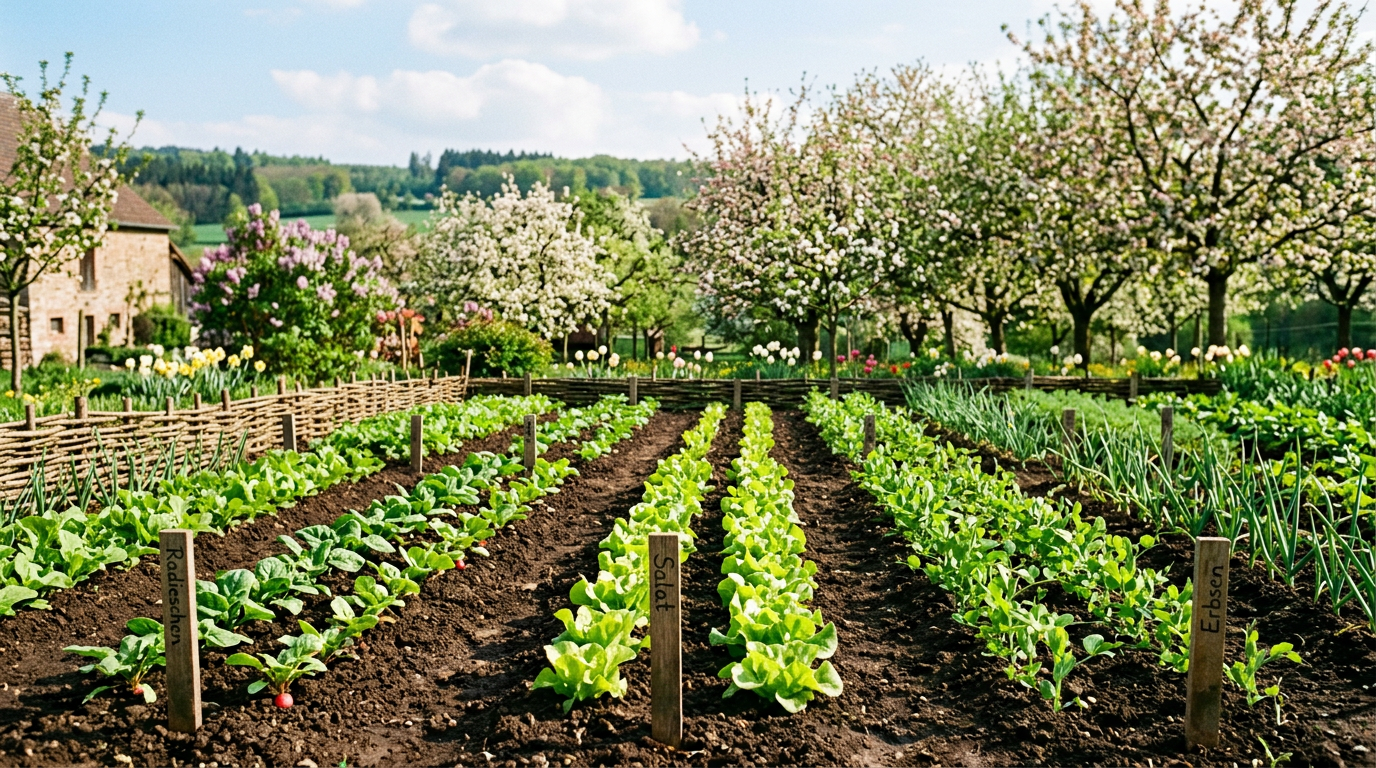 April garden — a spring scene in a temperate Central European vegetable garden