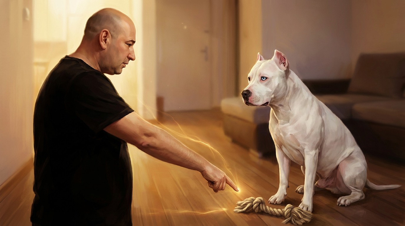 Elion pokazuje prstom, Džiber razume apstrakciju pokazivanja — debeo konopac za otimanje vidljiv na podu. Komunikacija sa životinjama kroz ton glasa i govor tela između čoveka i psa u kućnom prostoru