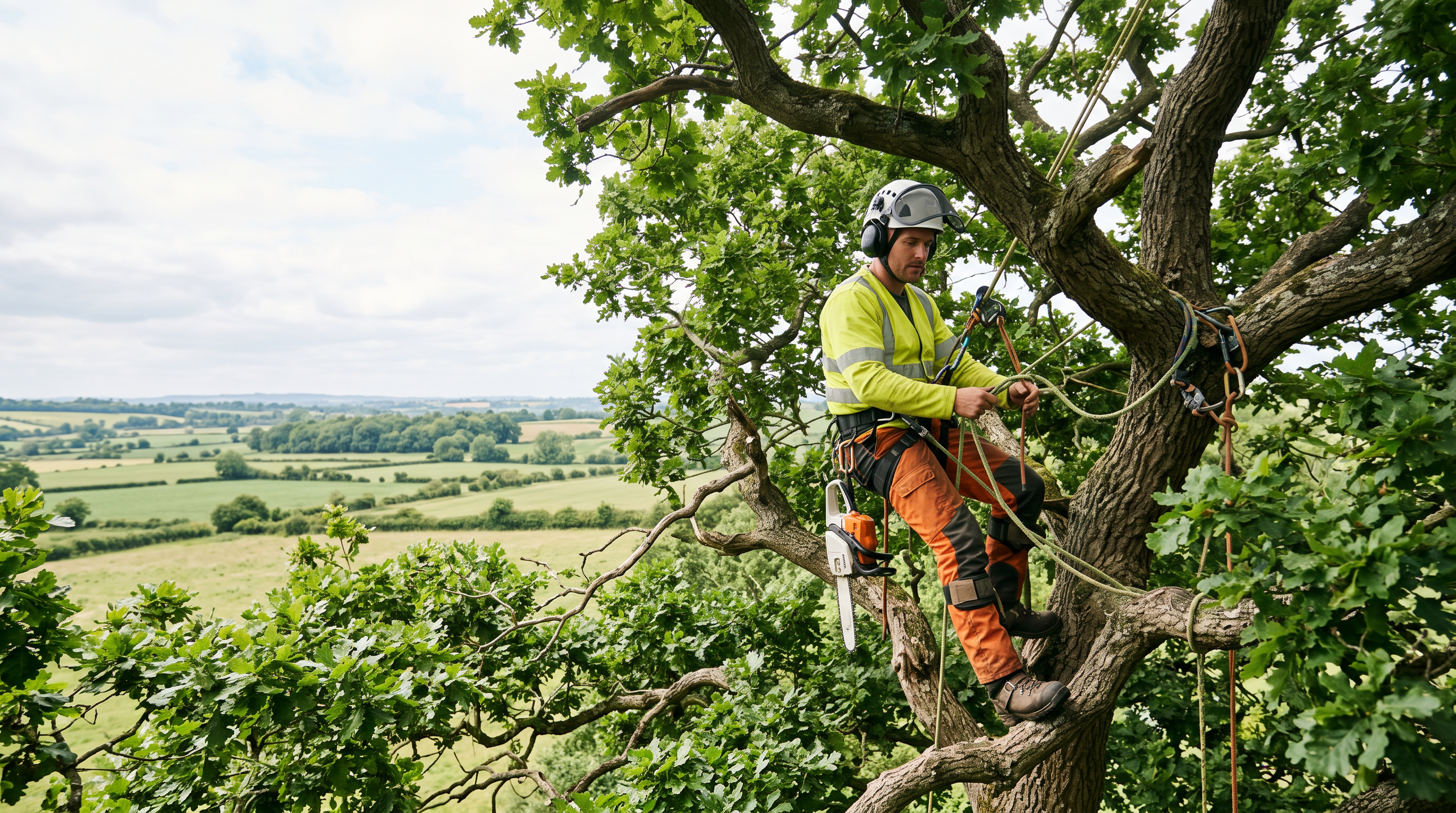 Tree surgeon working high in an English oak above Northamptonshire countryside