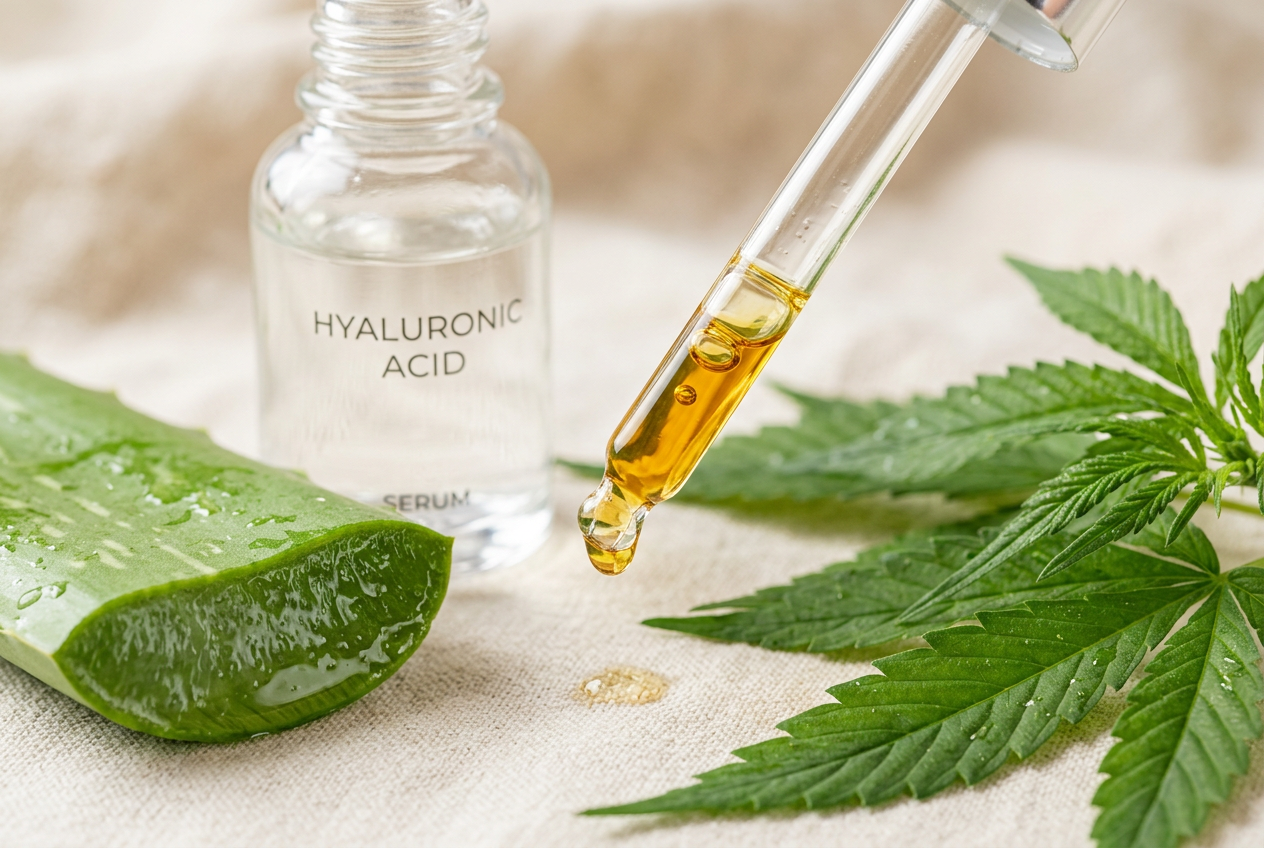 CBD hemp extract drops and botanical skincare ingredients