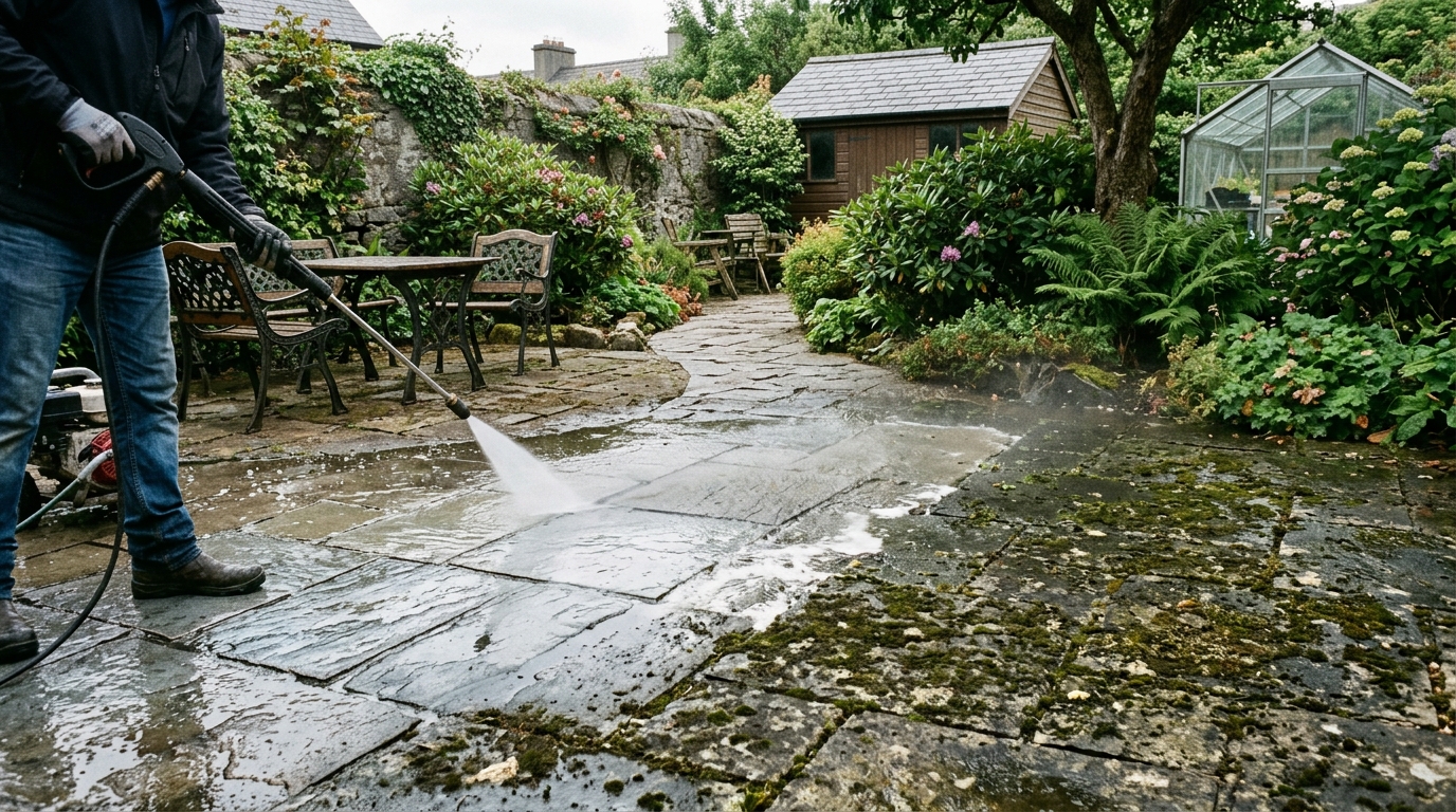 Stone patio being pressure washed showing clean and dirty contrast