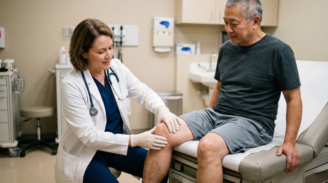 Doctor palpating swollen knee of East Asian male veteran checking for effusion and tenderness