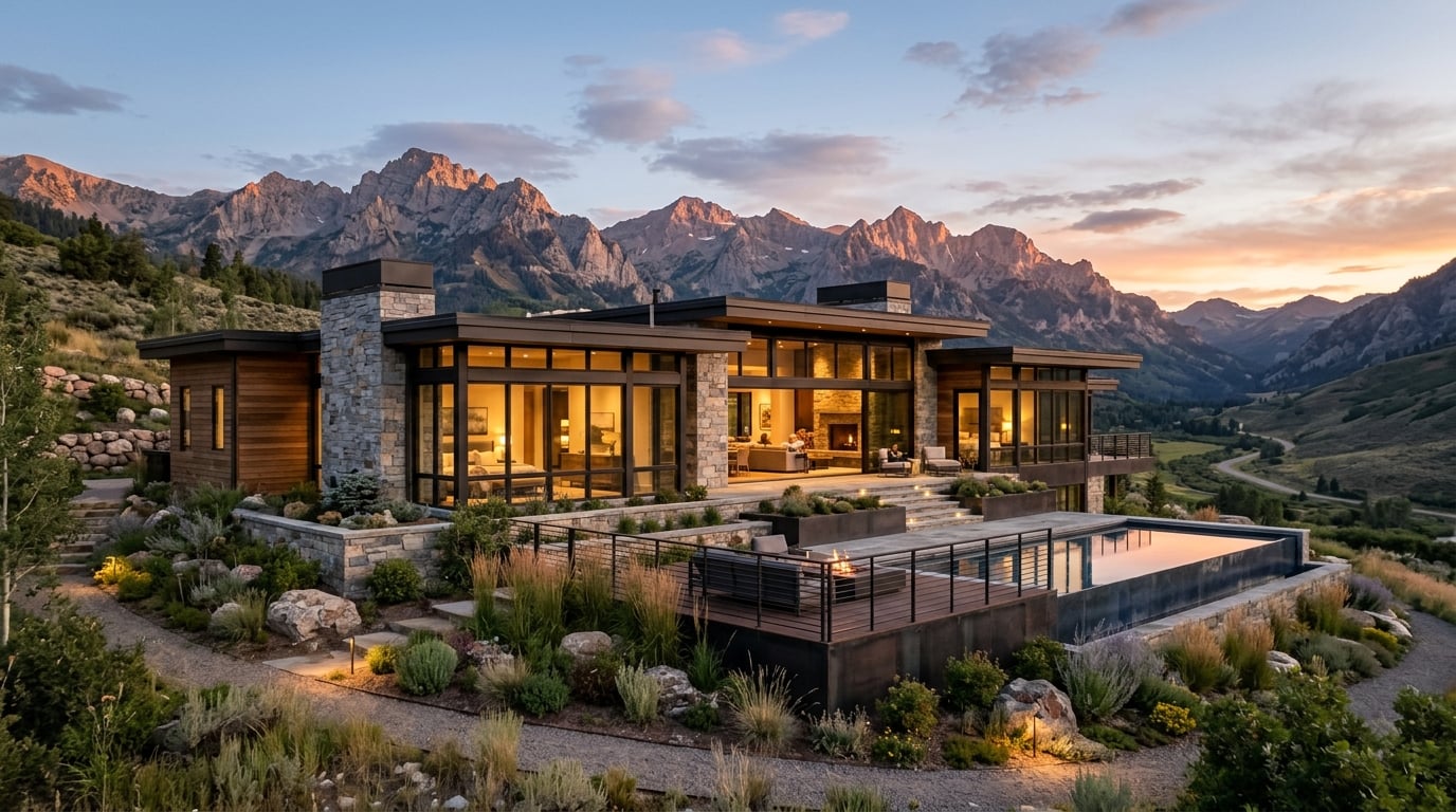 Refined luxury mountain estate at golden hour representing long-term asset value